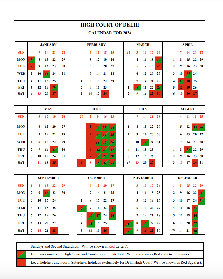 2024 delhi high court and district courts calendar